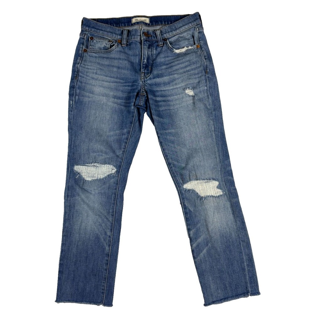 Madewell Slim Boyjean Jeans 24 Bennie Wash Distressed Raw Hem Boyfriend